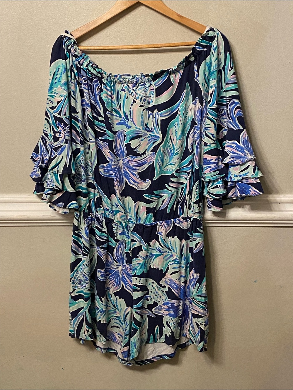Lilly Pulitzer Navy Floral Off-Shoulder Dress with Aqua and Light Pink Accents